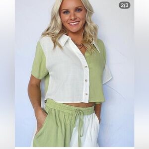 Le Lis Green and White Button-Up Crop Top set